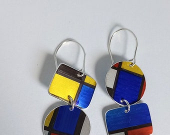 Mondrian inspired hand coloured anodised aluminium earrings on sterling silver ear wire hooks