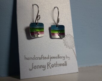 Tiny landscape handpainted anodised aluminium earrings on sterling silver ear wires