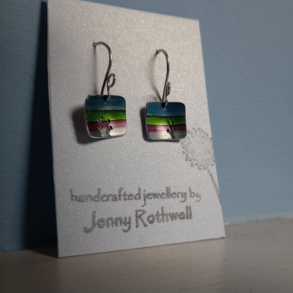 Tiny landscape handpainted anodised aluminium earrings on sterling silver ear wires