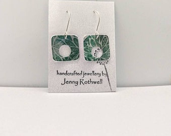 green/ teal retro petal design hand printed anodised aluminium square earrings on silver earwires