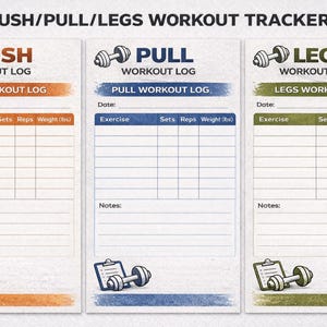 May include: A workout tracker with three sections: Push, Pull, and Legs. Each section has a header with a dumbbell icon and space to log exercises, sets, reps, and weight in pounds. The top text reads "PUSH/PULL/LEGS WORKOUT TRACKER."