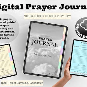 Pode incluir: Diário de oração digital exibido em três tablets. O tablet central mostra "Prayer Journal" com um fundo de nuvens. Os outros tablets exibem as páginas "Personal Prayer" e "Gratitude". O texto inclui "Grow Closer to God Every Day" e "Digital Download".