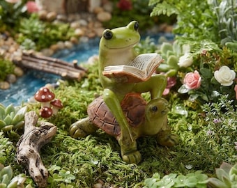 Miniature 2" Fairy Garden & Terrarium Frog Reading Book on Turtle Statue