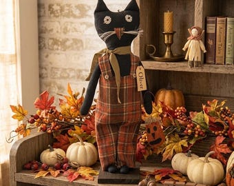 Oliver Standing Black Cat with Pumpkin Bag Trick or Treat Primitive Doll - 20"H