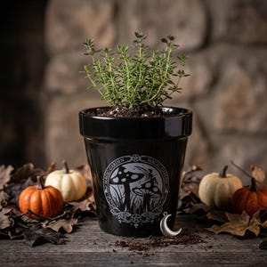 May include: A black ceramic plant pot containing a green herb, featuring a white circular graphic with mushrooms, a fairy, and the text MAGIC GARDEN. A small silver crescent moon charm is attached to the front of the pot.
