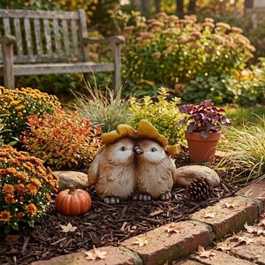 May include: A decorative garden figurine featuring two small, light brown birds huddled together under a single large, yellow-brown autumn leaf. The birds have round bodies, white bellies, and dark beaks, positioned on a bed of dark brown mulch.