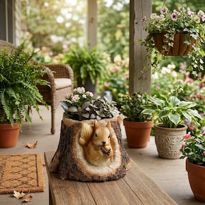 May include: A brown tree stump-shaped planter featuring a sculpted squirrel holding an acorn on its front. The planter contains a small green plant with pink flowers and sits on a wooden surface among other potted plants on a porch.