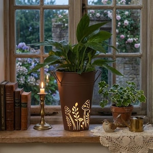 Large Metal Brown Mushroom and Floral Cut Out Botanical 11" Planter