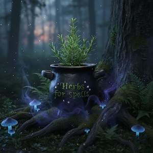 May include: A black cauldron with the text "Herbs for Spells" is filled with a green plant, set in a mystical forest scene. The cauldron sits on mossy roots, surrounded by glowing blue mushrooms and ethereal purple smoke.
