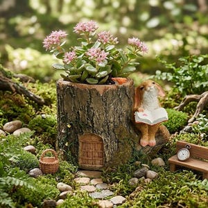 May include: A whimsical fairy garden scene featuring a tree stump planter with pink flowering plants. A miniature rabbit figurine reads a book next to the stump. A tiny bench and basket complete the enchanting outdoor decor.