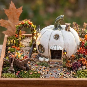 Minature White Pumpkin Fairy House, Mini 4" Fall Garden, Home Accent