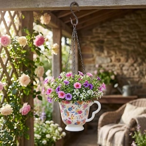 May include: A hanging teacup planter filled with vibrant pink, purple, and white flowers. The teacup has a floral pattern and is suspended by a metal chain. The background includes a wooden trellis with climbing roses.
