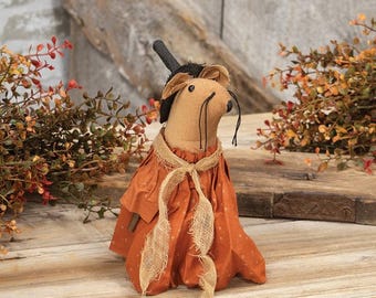 Primitive Halloween Folk Art Witch Mouse Doll with Fabric Orange Dress and Broom