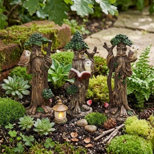 May include: Three whimsical tree-like figurines with owl companions. Each figure has a detailed bark texture, green foliage, and a long beard. One holds a staff, another reads a book, and the third has an owl perched on its arm. A small lantern sits in front.
