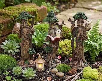 Figuras de resina de 10 cm (4 pulgadas) con espíritus del bosque, ents y búhos, para jardín de hadas.