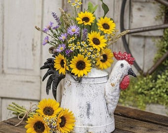 Regadera decorativa de metal galvanizado blanco envejecido con diseño de gallo de granja