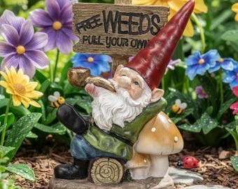 Divertida estatua de gnomo de jardín "Free Weeds", figura de poliresina duradera de 19 cm