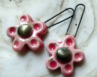 Ceramic Long Hoop Flower Earring Charms -Berry Tart