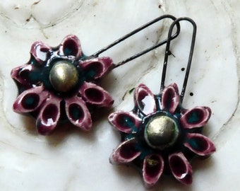 Ceramic Long Hoop Flower Earring Charms -Peppered Raspberry