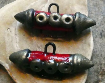 Ceramic Pointy Rivet Barrel Earring Connectors -Red