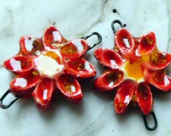 Ceramic Little Flower Earring Connectors -Firecracker