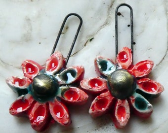 Ceramic Long Hoop Flower Earring Charms -Ladybird