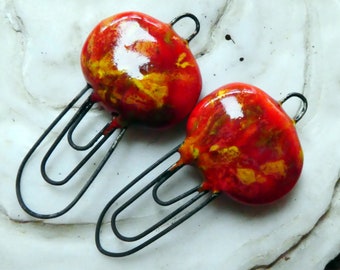 Ceramic Three Hoop Pebble  Earring Connectors -Firecracker