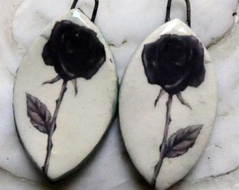 Ceramic Black Rose Decal Earring Charms