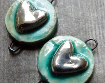 Ceramic Moulded Heart Earring Connectors - Antique Turquoise