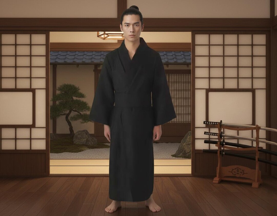 Japanese Kimono for Men – Elegant Black Samurai Style Robe for Home or ...