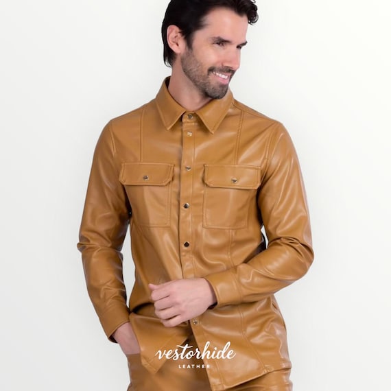 Handmade Tan Lambskin Leather Outfit: Men's Slim Fit Shirt Pants