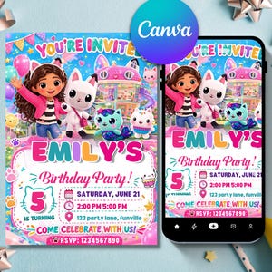 May include: A birthday party invitation featuring cartoon characters and the text "EMILY'S Birthday Party!" The invitation includes details like the date, time, and RSVP information. The design is colorful with a playful theme, perfect for a child's birthday celebration.