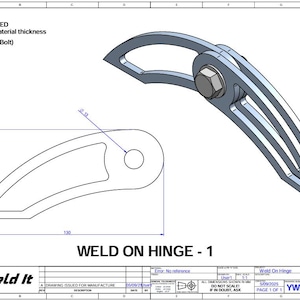 May include: A technical drawing of a weld-on hinge, featuring two detailed views. The main view shows the hinge assembled with a bolt, while the other shows a flat, curved piece. Dimensions are in millimeters, with a 3, 4, or 5mm material thickness.
