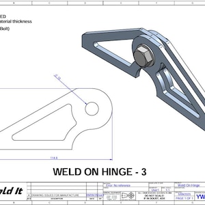May include: A technical drawing of a weld-on hinge, featuring a detailed 3D rendering and a 2D side view with dimensions in millimeters. The drawing includes text indicating material thickness and bolt size.