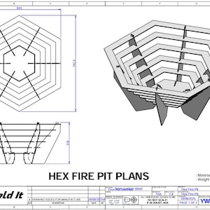 Puede incluir: Dibujo técnico de un pozo de fuego hexagonal, con vistas superior, lateral e isométrica. Las dimensiones se muestran en mm. Se muestra el texto "HEX FIRE PIT PLANS". El material es acero corten de 3 mm y el peso es de 12,7 kg.