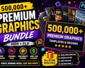 Grafisk designpaket, Mega Designpaket, 5000 GB designresurser, Logotypmallar, Typsnittspaket, SVG-filer, Mockups, Mallar, Varumärkesbyggande kit