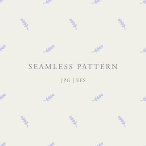 May include: A seamless pattern design featuring lavender sprigs in a repeating pattern on a cream background. The text "SEAMLESS PATTERN" is displayed in a gray font, with "JPG | EPS" below it.
