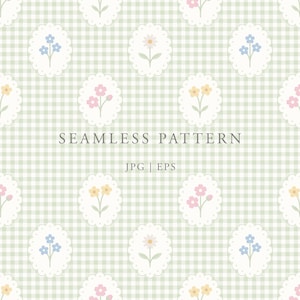 May include: A seamless pattern featuring a light green and white gingham background with repeating white scalloped oval frames containing small pastel floral illustrations in blue, pink, and yellow. The text SEAMLESS PATTERN JPG | EPS is centered.