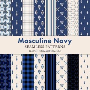 Könnte beinhalten: Eine Sammlung nahtloser Muster in Marineblau und Weiß. Designs umfassen geometrische Formen, Krawatten, Karos, Streifen und Blattmotive. Der Text "Masculine Navy" und "Seamless Patterns" wird angezeigt.