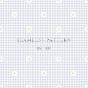 May include: A seamless pattern featuring white daisies with yellow centers on a light blue gingham background. The words "SEAMLESS PATTERN" are displayed in the center, with "JPG | EPS" below.