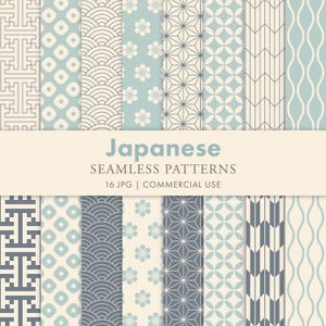 May include: A collection of sixteen Japanese seamless patterns in various designs. The patterns include geometric shapes, floral motifs, and wave patterns in shades of blue, gray, and cream. The text "Japanese Seamless Patterns" is displayed.