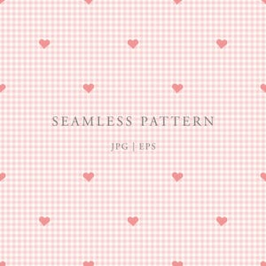May include: A seamless pattern featuring a light pink and white gingham check background with small, evenly spaced pink hearts. The text SEAMLESS PATTERN is centered in the middle, followed by the text JPG | EPS below it in a simple font.