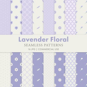 Pode incluir: Uma coleção de padrões florais de lavanda sem costura. Os padrões incluem bolinhas, desenhos florais e formas geométricas. O texto diz "Lavender Floral Seamless Patterns 16 JPG | Commercial Use."