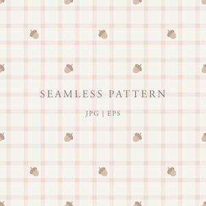 Puede incluir: Un patrón continuo con pequeñas bellotas de color marrón claro dispuestas en una cuadrícula sobre un fondo crema con un suave diseño de cuadros beige. El texto SEAMLESS PATTERN y JPG | EPS aparece centrado en gris oscuro.