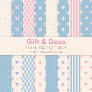 Conjunto de estampas sem emendas em tons pastel para presentes e decoração | Papéis digitais para festas e celebrações | Laços, balões, margaridas (16 JPGs)