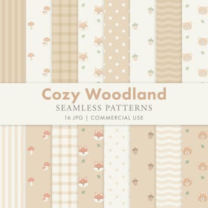 Cozy Woodland Seamless Patterns | Fox, Bear, Mushroom & Acorn Digital Paper | 16 JPG
