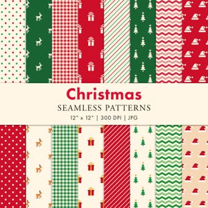 May include: A collection of Christmas seamless patterns in red, green, and white. Designs include polka dots, reindeer, gift boxes, stripes, Christmas trees, zigzags, and Santa hats. The text reads "Christmas Seamless Patterns 12" x 12" | 300 DPI | JPG."