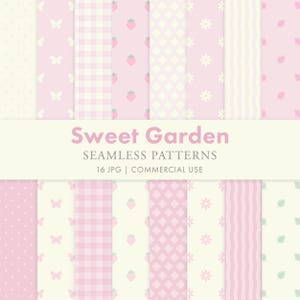 May include: A collection of sixteen seamless patterns in soft pink and cream. Designs include polka dots, butterflies, gingham, strawberries, flowers, and stripes. The text "Sweet Garden" and "Seamless Patterns" are displayed in pink.