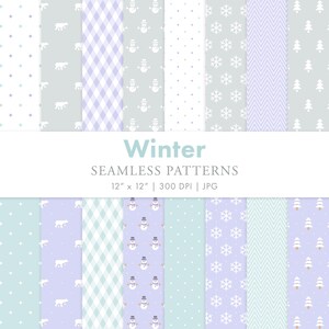May include: A selection of winter-themed seamless patterns in blue, purple, and white. Designs include polar bears, snowmen, snowflakes, and trees. The text "Winter Seamless Patterns" is displayed.