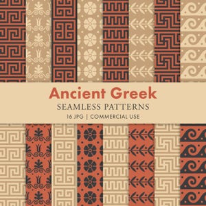 Op de afbeelding: Een verzameling naadloze patronen in de stijl van het oude Griekenland. De patronen bevatten geometrische vormen, bloemmotieven en golfpatronen in terracotta, zwart en beige. De tekst luidt "Ancient Greek Seamless Patterns".